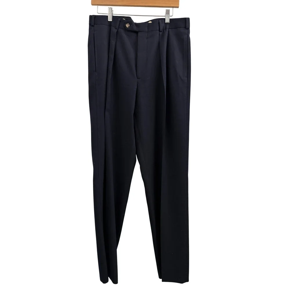 Vintage Lands End Mens Navy Blue Wool Blend Pleated Dress Pants Made in US 35x32